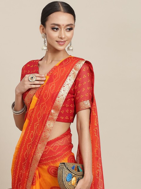 

Satrani Red & Yellow Bandhani Print Saree