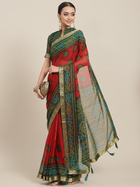 

Satrani Red & Green Bandhani Print Saree