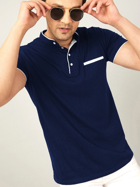 

AUSK Men Blue Solid Mandarin Collar T-shirt with Mask