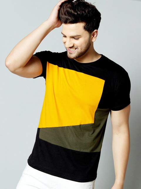 

AUSK Men Black & Mustard Yellow Colourblocked Cotton Round Neck T-shirt