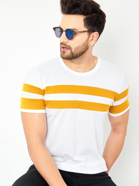 

AUSK Men White & Yellow Colourblocked Cotton Round Neck T-shirt