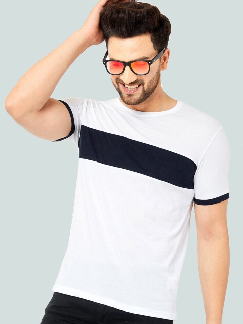 

AUSK Men White & Navy Blue Colourblocked Slim Fit T-shirt