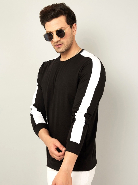

AUSK Men Black Solid Round Neck Long Striped Sleeves T-shirt