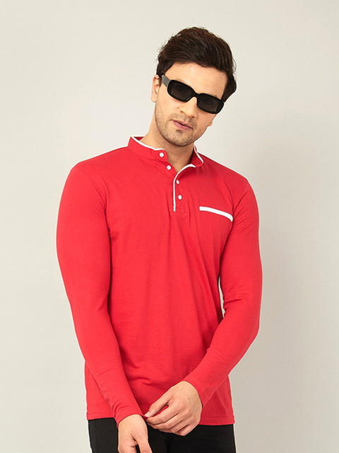 

AUSK Men Red Henley Neck T-shirt with Mask