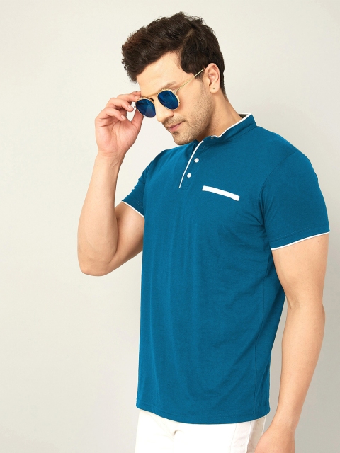 

AUSK Men Teal Blue & White Cotton Henley Neck T-shirt