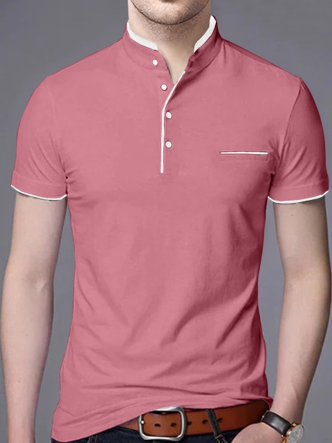 

AUSK Men Peach-Coloured Colourblocked Mandarin Collar T-shirt with Mask