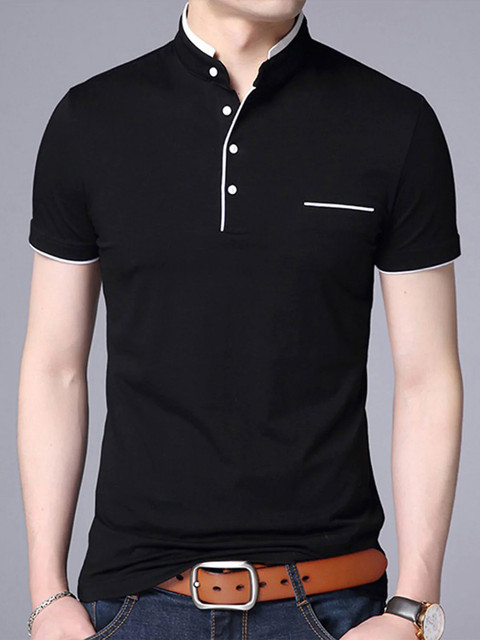 

AUSK Men Black & White Mandarin Collar T-shirt with Mask