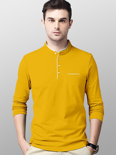 

AUSK Men Mustard Yellow & White Mandarin Collar T-shirt