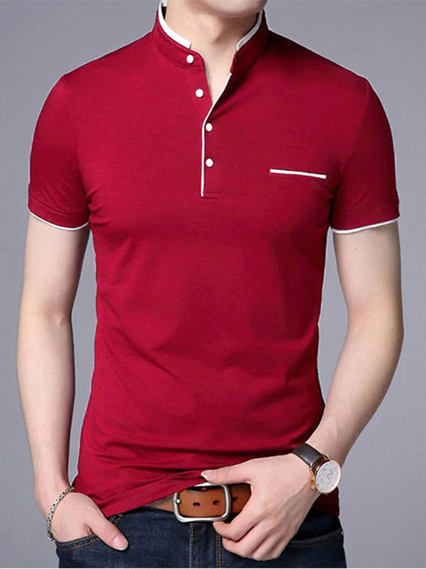 

AUSK Men Red Mandarin Collar T-shirt