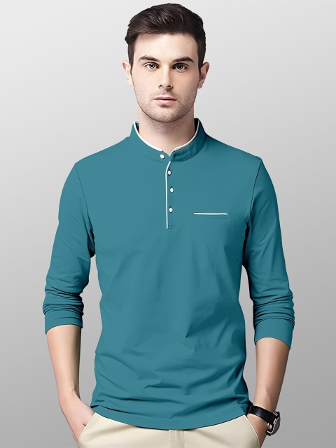 

AUSK Men Teal & White Cotton Mandarin Collar T-shirt
