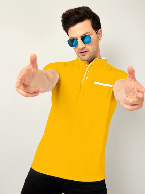 

AUSK Men Yellow Colourblocked Mandarin Collar Cotton T-shirt with Mask