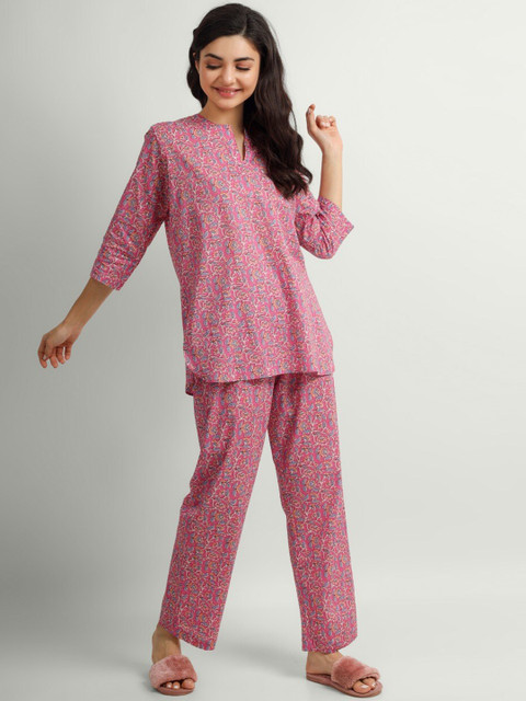 

THE PINK ELEPHANT Women Pink & White Printed Night suit