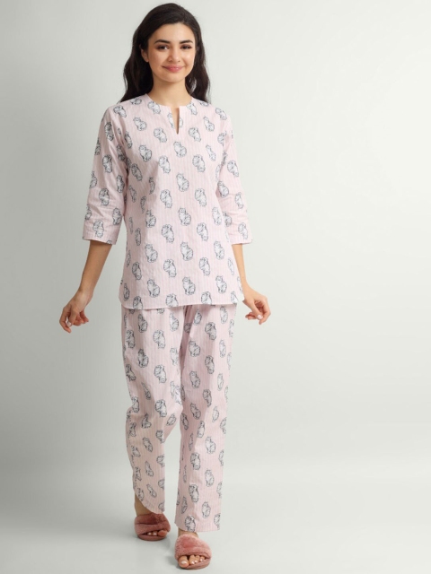 

THE PINK ELEPHANT Women Pink Printed Cotton Night suit