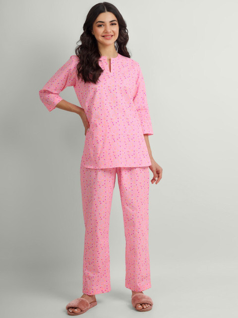 

THE PINK ELEPHANT Women Pink Printed Cotton Night suit