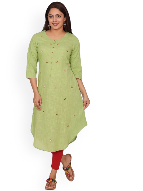 

SUTI Women Green & Red Embroidered Mirror Work Straight Kurta