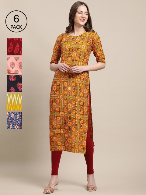 

1 Stop Fashion Women Pack of 6 Floral Printed Summer Sheers Crepe Kurta, Multi
