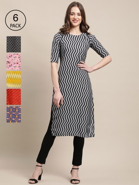 

1 Stop Fashion Women Pack of 6 Geometric Printed Summer Sheers Crepe Kurta, Multi