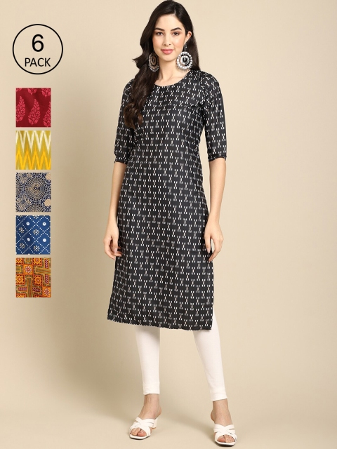 

1 Stop Fashion Women Pack of 6 Geometric Printed Summer Sheers Crepe Kurta, Blue