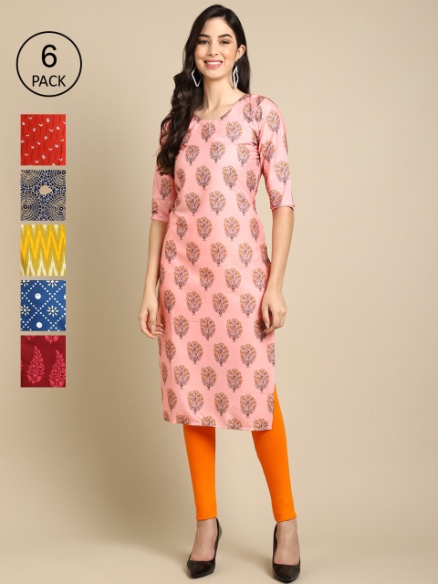 

1 Stop Fashion Women Pack Of 6 Printed Crepe Kurta, Multi