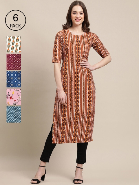 

1 Stop Fashion Women Pack of 6 Geometric Printed Summer Sheers Crepe Kurta, Brown