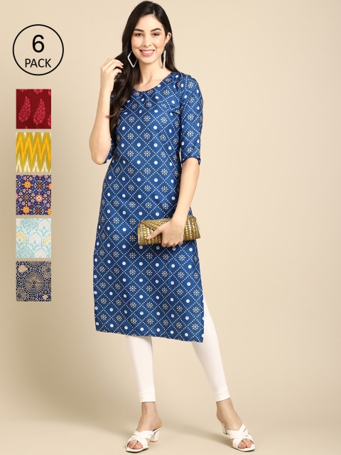 

1 Stop Fashion Women Pack of 6 Blue & Yellow Ethnic Motifs Printed Crepe Kurta