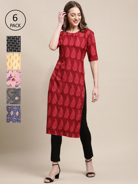 

1 Stop Fashion Women Pack of 6 Red & Black Ethnic Motifs Printed Crepe Kurta