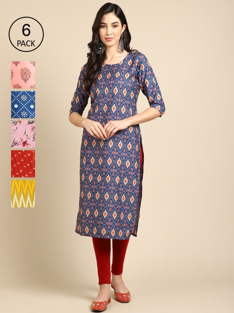 

1 Stop Fashion Women Pack of 6 Digital Printed Crepe Straight Kurtas, Blue