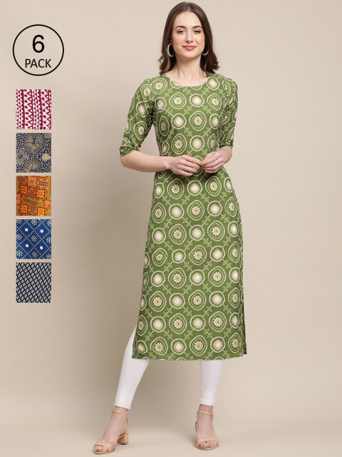 

1 Stop Fashion Women Pack Of 6 Multicoloured Ethnic Motifs Printed Crepe Kurta, Multi