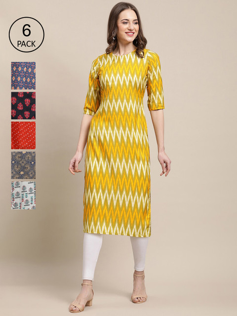 

1 Stop Fashion Women Pack Of 6 Yellow & Red Geometric Printed Summer Sheers Crepe Kurta