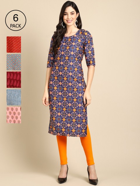 

1 Stop Fashion Women Pack Of 6 Blue & Red Ethnic Motifs Printed Crepe Kurta