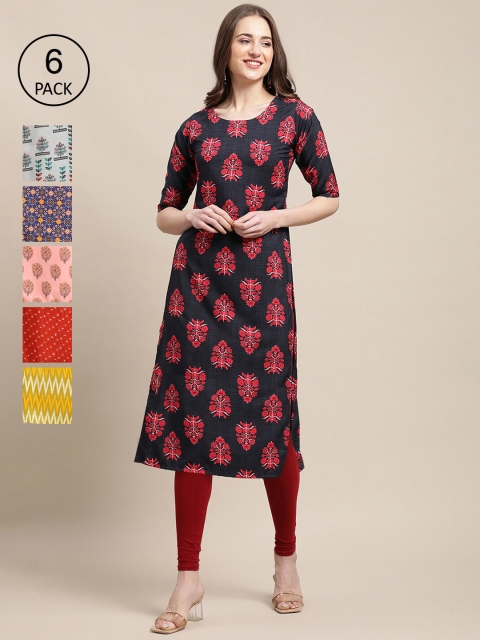 

1 Stop Fashion Women Pack Of 6 Printed Summer Sheers Crepe Kurta, Navy blue