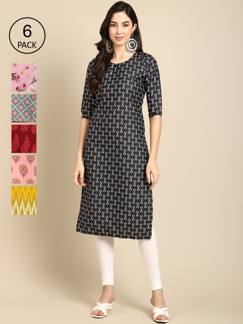 

1 Stop Fashion Women Black & Pink Ethnic Motifs Printed Summer Sheers Crepe Kurta