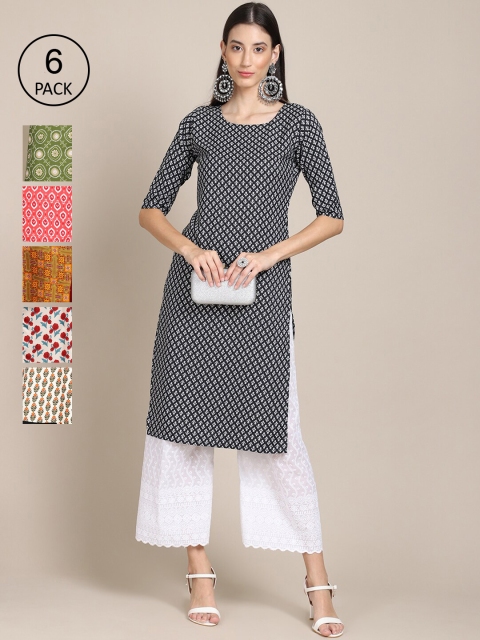 

1 Stop Fashion Women Pack Of 6 Printed Summer Sheers Crepe Kurta, Green