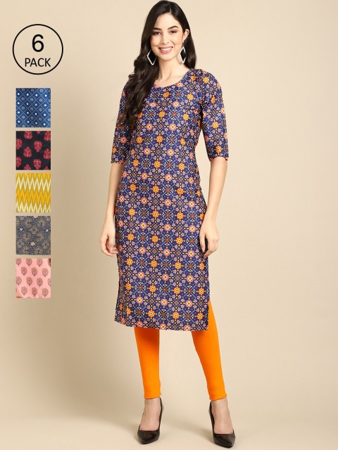 

1 Stop Fashion Pack Of 6 Women Printed Straight Crepe Kurta, Navy blue