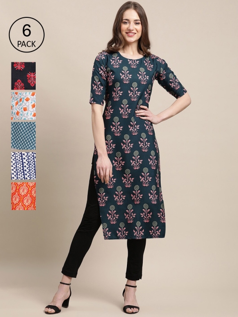 

1 Stop Fashion Pack Of 6 Women Printed Straight Crepe Kurta, Navy blue