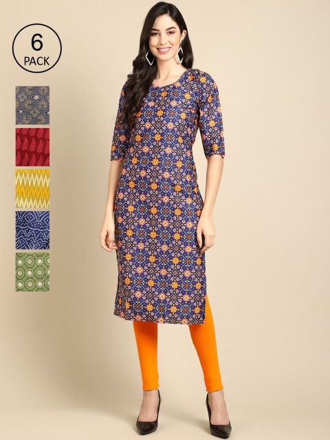 1 Stop Fashion Pack Of 6 Women Printed Straight Crepe Kurta, Navy blue