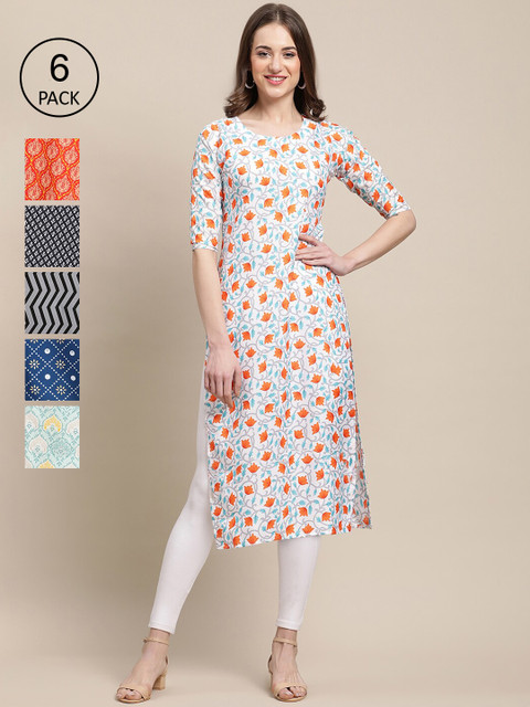 

1 Stop Fashion Women Pack Of 6 Ethnic Motifs Printed Thread Work Summer Sheers Crepe Kurta, Multi