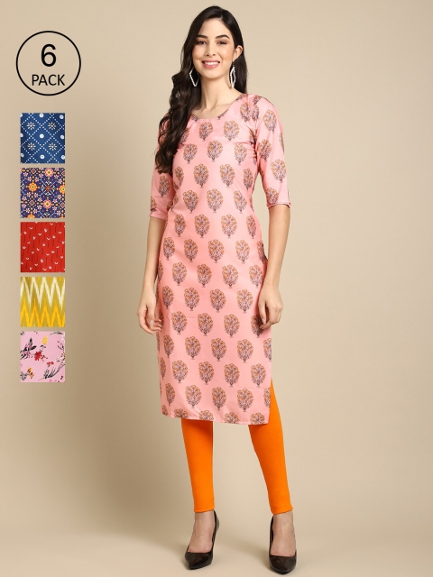 

1 Stop Fashion Women Pack Of 6 Geometric Printed Block Print Crepe Kurta, Pink