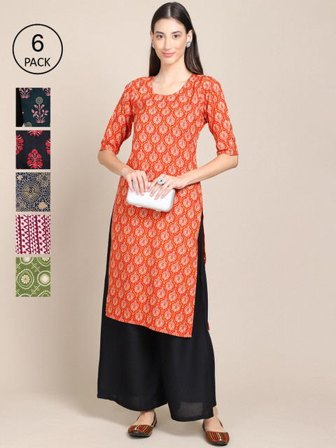 

1 Stop Fashion Women Pack Of 6 Geometric Printed Block Print Crepe Kurta, Orange