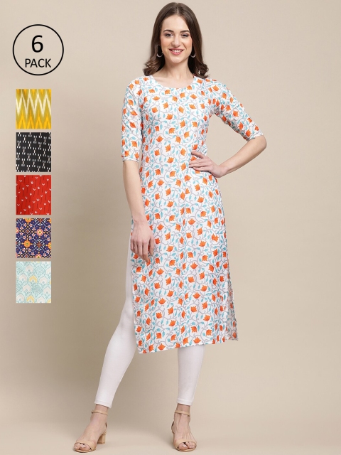 

1 Stop Fashion Women Pack Of 6 Geometric Printed Block Print Crepe Kurta, Grey