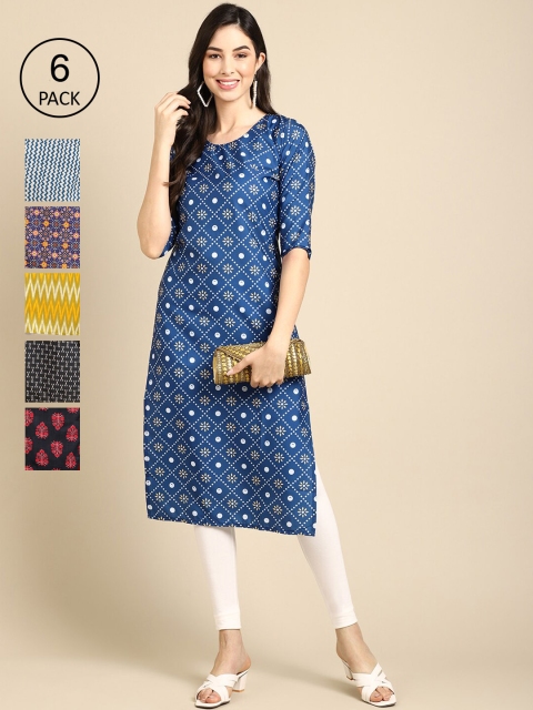 

1 Stop Fashion Women Pack Of 6 Geometric Printed Block Print Crepe Kurta, Blue