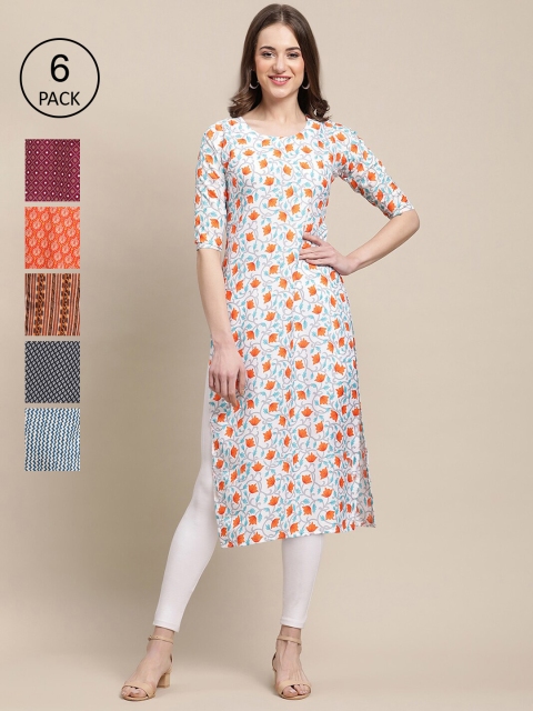 

1 Stop Fashion Women Red & Blue Pack Of 6 Geometric Printed Crepe Kurtas
