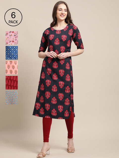 

1 Stop Fashion Women Red & Blue Pack Of 6 Ethnic Motifs Printed Crepe Kurtas