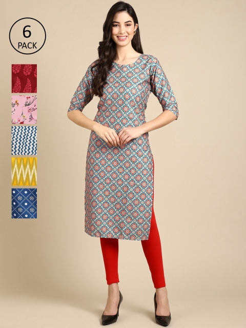 

1 Stop Fashion Women Grey & Red Pack Of 6 Geometric Printed Crepe Kurtas