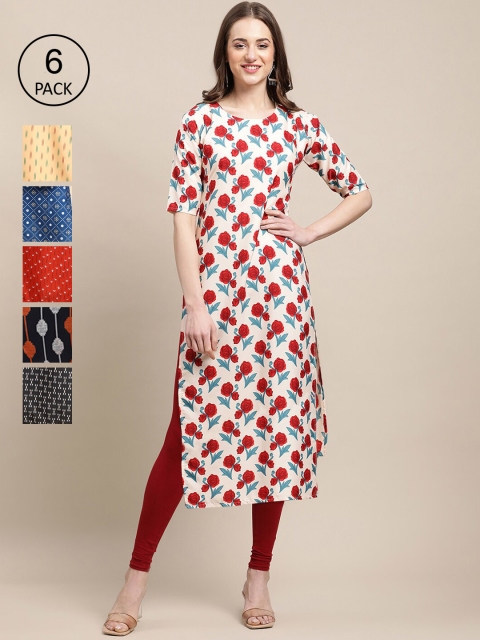 

1 Stop Fashion Women Pack of 6 Printed Crepe Kurta, Off white