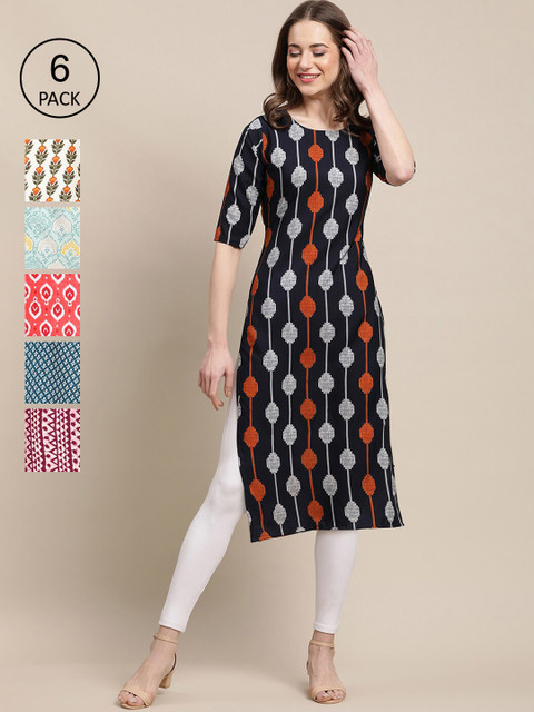 

1 Stop Fashion Women Pack of 6 Printed Crepe Kurta, Black