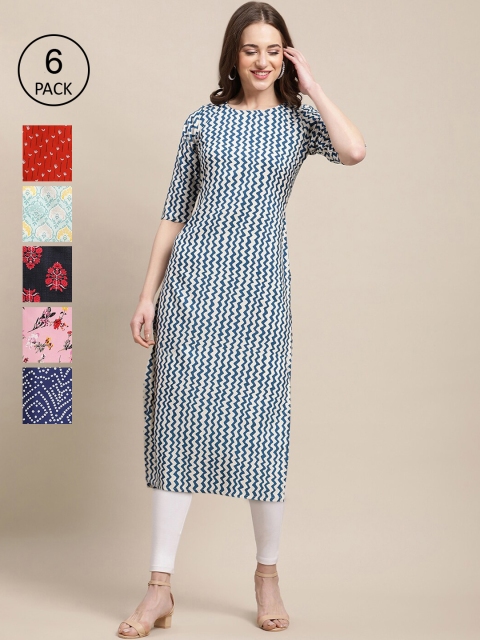 

1 Stop Fashion Pack of 6 Women Printed Straight Crepe Kurta, Multi