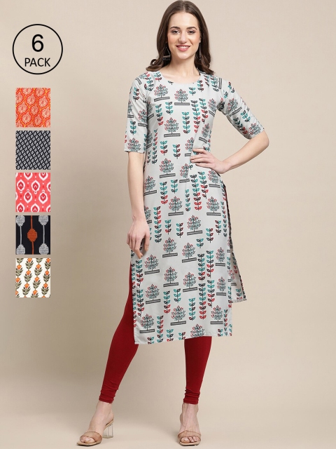 

1 Stop Fashion Pack of 6 Women Printed Straight Crepe Kurta, Multi