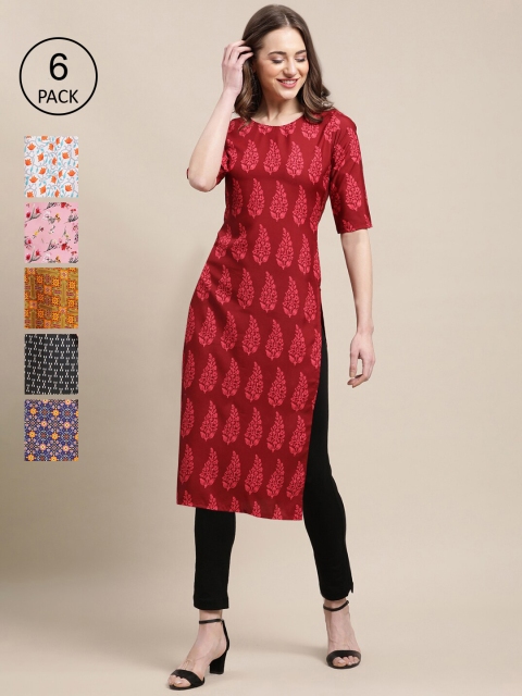 

1 Stop Fashion Pack of 6 Women Printed Straight Crepe Kurta, Multi