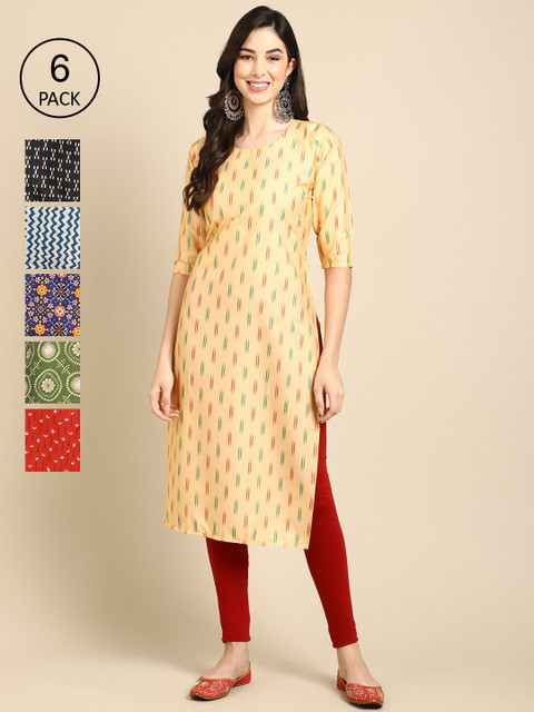 

1 Stop Fashion Pack of 6 Women Printed Straight Crepe Kurta, Multi